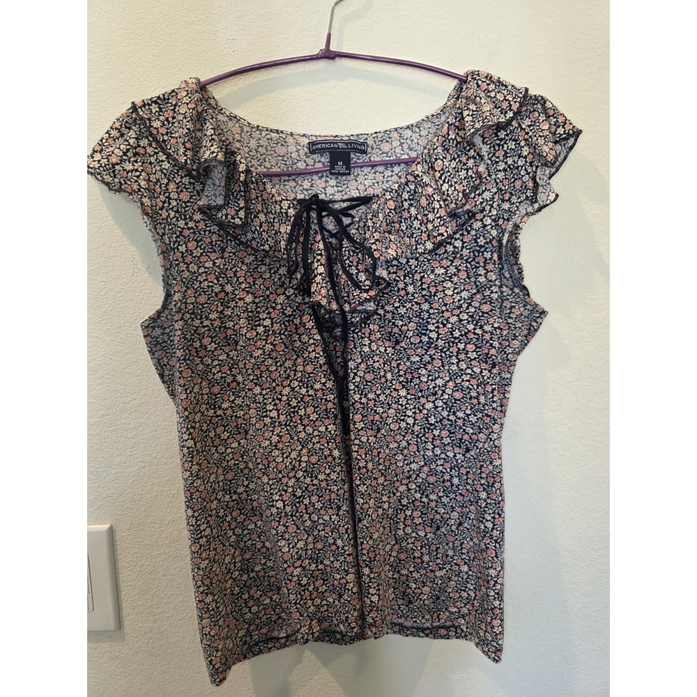 Navy Blue Floral Boho Sleeveless Top Sz M Cotton Ruffle‎ Neck Tie Detail Cottage